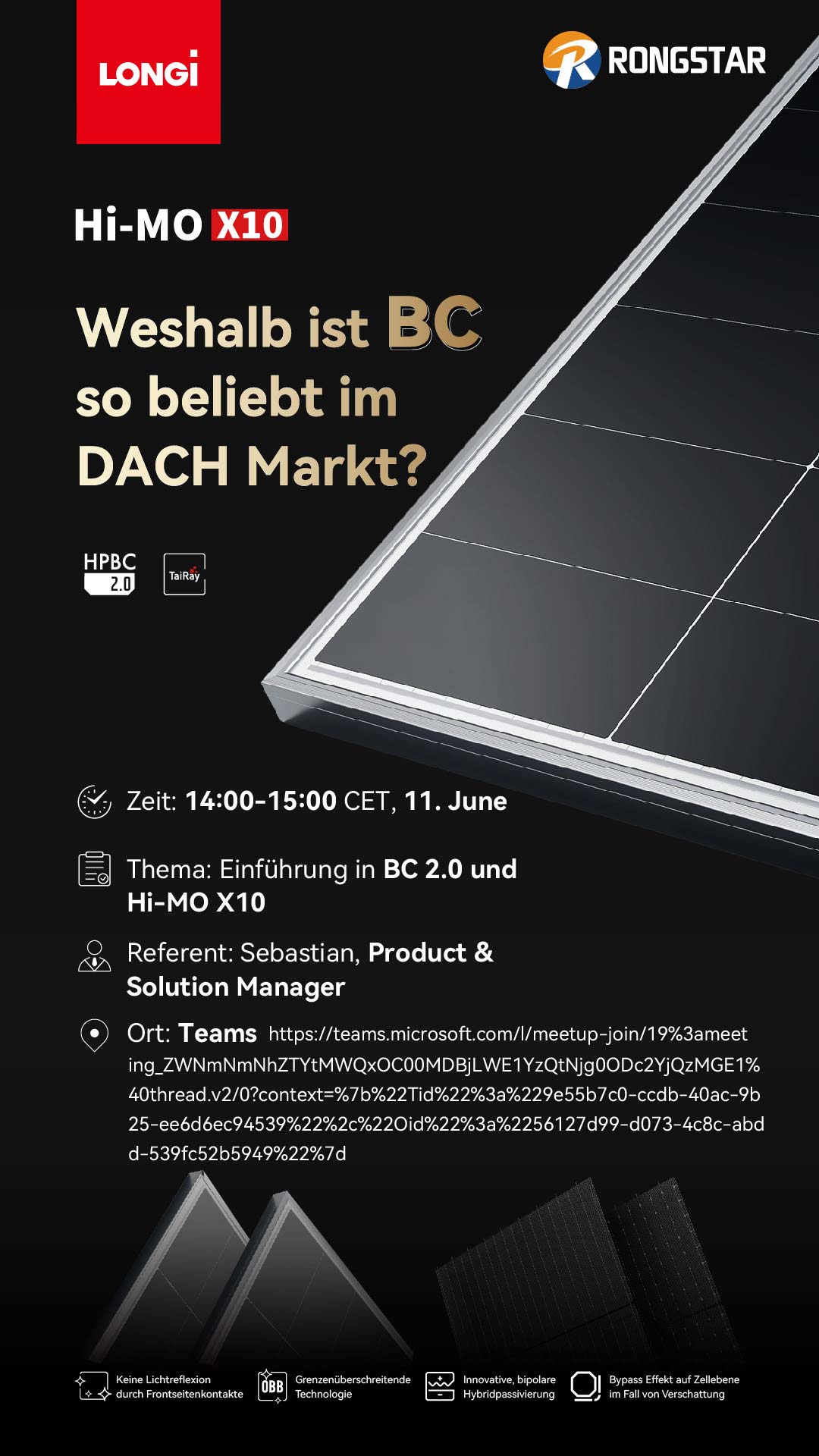📢  Einladung zum exklusiven Produktseminar – LONGi Hi-MO X10 Vollschwarz BC-Modul  ⚡